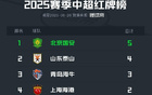 中超上段紅牌榜：國(guó)安領(lǐng)跑5張，山東次之4張，海牛第三。